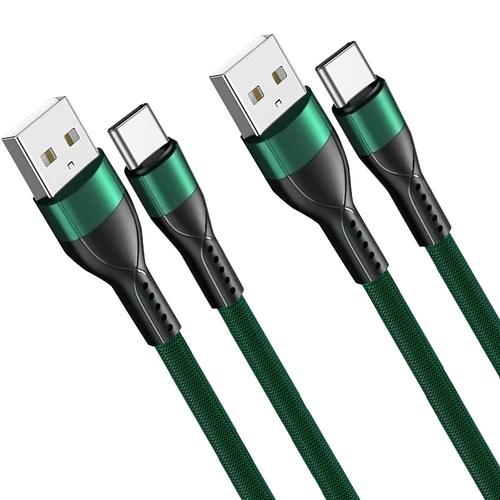 Lot de 2 Câble USB-C Rapide Nylon pour Samsung Galaxy M23 5G M13 4G M32 M33 M52 5G - 1 Mètre Vert - E.F.Connection