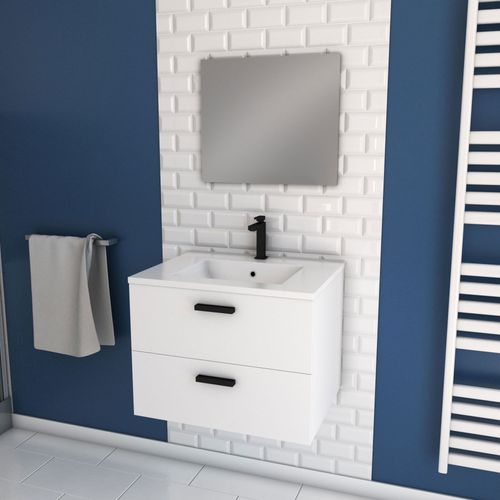 Meuble Salle De Bain 60 Cm Suspendu 2 Tiroirs Blanc Avec Vasque Et Miroir - Box-In 60 White