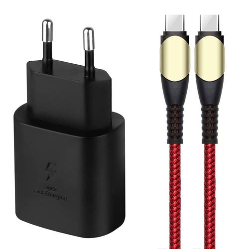 Chargeur Rapide 25w + Câble Usb-C 60w Nylon Rouge 1m Pour Samsung Galaxy A34 A33 A32 4g/5g A54 A53 A52 4g/5g A52s - E.F.Connection