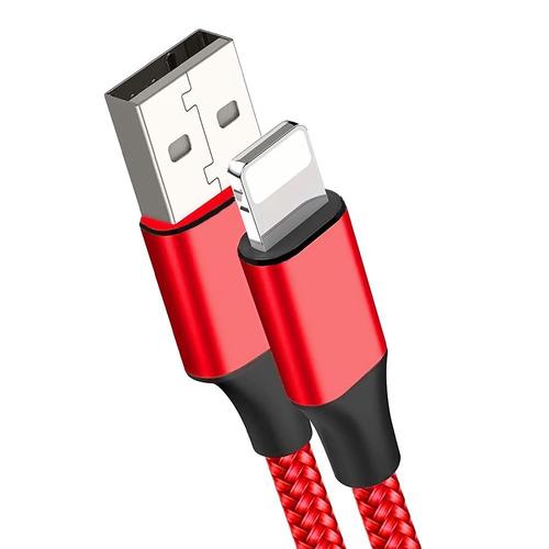Câble USB Charge Rapide 3A pour iPhone 14, 13, 12, 11, XR, XS, 8, 7, 6 - Nylon Tressé Renforcé 1M Rouge - E.F.Connection