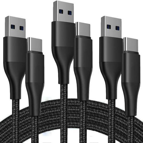 Lot de 3 Câble USB-C Rapide 3A Nylon Tressé pour OPPO Reno 8 Pro Find X3 X5 Lite A16 A53 A53S A54 A94 - Noir 1 Mètre - E.F.Connection