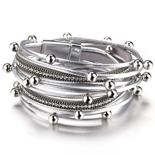 Argent - Bracelets À Double Enroulement En Métal Pour Femmes, Bijoux À Breloques En Cuir, Perles Métalliques, Design Tendance