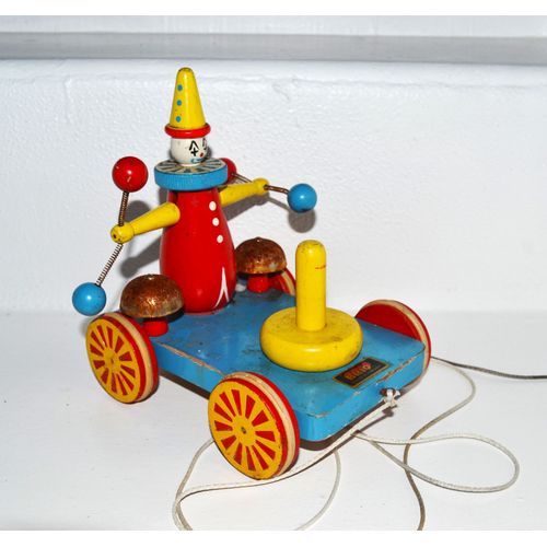 Brio Jouet Ancien Clown A Roulette En Bois Années 50