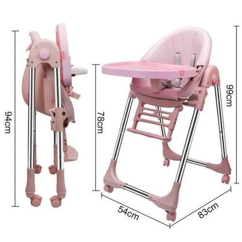 Chaise Haute Pour Repas,Chaise Évolutive Pliable, Chaise Réglable Multifonction Avec 4 Roues,Chaise Repas Pour Bébé/Enfant, Rose