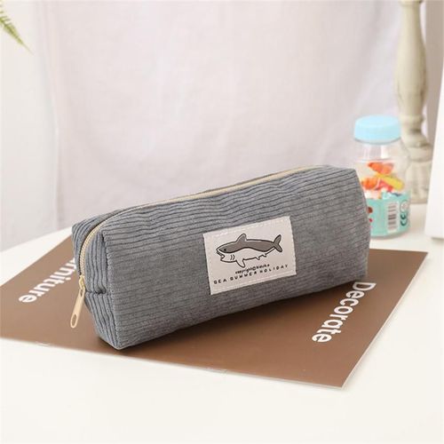 Étui À Stylo En Velours Côtelé Kawaii,Requin En Velours Côtelé,Grande Ouverture,Poussière De Crayon Scolaire,Grande Capacité,Environ 35g - Type Dark Gray