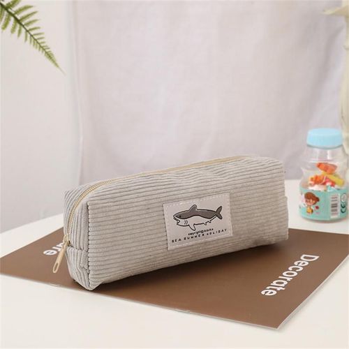 Étui À Stylo En Velours Côtelé Kawaii,Requin En Velours Côtelé,Grande Ouverture,Poussière De Crayon Scolaire,Grande Capacité,Environ 35g - Type Light Gray