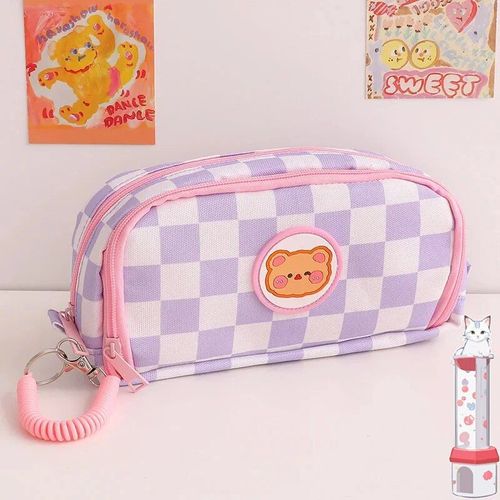 Étui À Crayons Portable Ours De Dessin Avec Insertion De Stylo,Sac À Crayons Animal Mignon,Sac De Rangement Scolaire Pour Étudiants,Sacs En Toile Pour Filles - Type Purple And Bookmarks