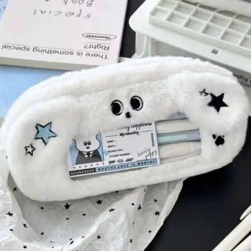 Trousse À Crayons Moelleuse Avec Fenêtre Transparente Pour Filles,Sac À Stylo Confortable,Fournitures Scolaires,Mignon,Chien Blanc,Chat,Hiver - Type Dog