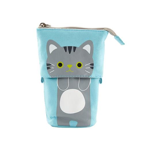 Angoo [Fun] Sac À Crayons En Toile Pliable,Support Debout,Organisateur De Papeterie,Cadeau Pour Enfants,Mignon,Chat,Ours,Mouton,Dessin,A6445 - Type Blue Cat