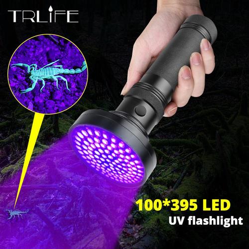 Lampe de poche UV 100W 100 LED s 395nm lampe torche LED UV lumière de détecteur de dos pour l'urine de chat de chien, taches d'animal de compagnie, punaises de lit, Scorpions 6 x AA