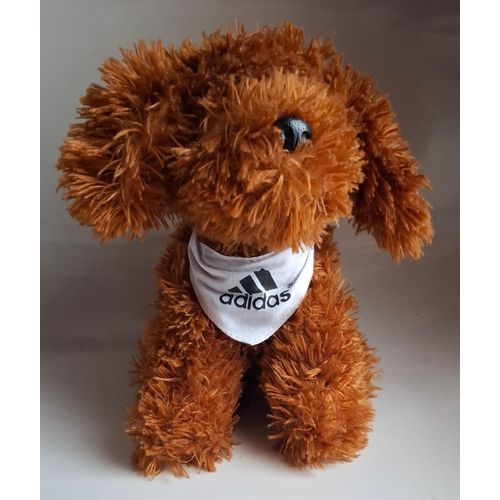 Peluche Doudou Chien Assis - Poils Longs Trés Doux - Foulard Blanc Adidas