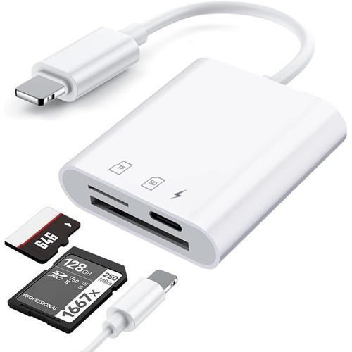 Lecteur Carte SD Adaptateur Carte SD, Lecteur de Carte Universelle 4 en 1 Lecteur Carte Micro SD Plug and Play Adaptateur de Carte mémoire SD avec Lecture et Chargement simultanés Compatible avec iOS