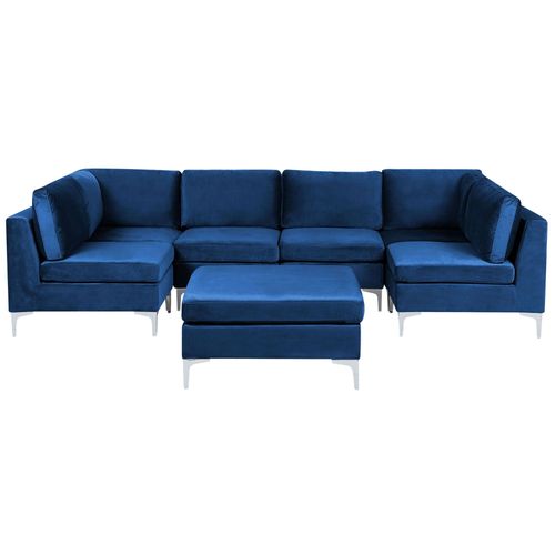 Canapé Modulaire 6 Places En U Avec Ottoman Velours Bleu Marine Evja