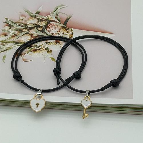 Rhodié Plaqué - Ensemble De 2 Bracelets Tendance Pour Couple, Pour Amis, Conception De Clé De Verrouillage, Corde De Couleur Noire, Vente En Gros, Livraison Directe, Bijoux