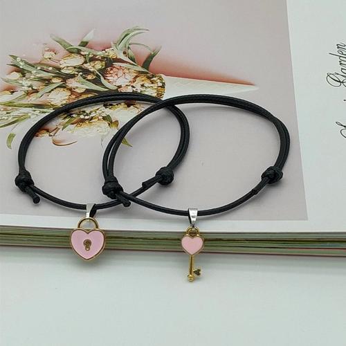 Couleur Ou - Ensemble De 2 Bracelets Tendance Pour Couple, Pour Amis, Conception De Clé De Verrouillage, Corde De Couleur Noire, Vente En Gros, Livraison Directe, Bijoux