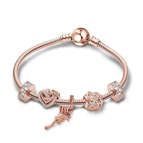 Or Rose - 18cm - Seialoy Argent Plaqué Coeur Clé Pendentif Bracelets À Breloques Pour Les Femmes Filles Originales Princesse Couronne Bracelet Perlé Femme Bijoux