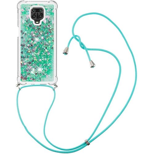 Pour Xiaomi Redmi Note 9s Coque, Bling Liquide Paillette Antichoc Kawaii Etui Housse Avec Cordage Lanyard Case Pour Xiaomi Redmi Note 9 Pro. Lp Love Green