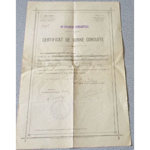Certificat De Bonne Conduite Du 21ème Régiment D'infanterie 7ème Corps D'armée Délivré Le 2 Septembre 1912