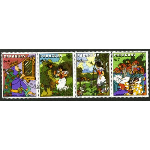 Quatre Timbres Oblitérés Paraguay, Blancanieves Y Los Siete Enanitos