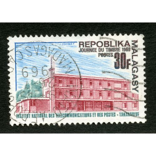 Timbre Oblitéré Repoblika Malagasy, Journée Du Timbre 1969, Postes, 30 F, Institut National Des Télécommunications Et Des Postes Tananarive