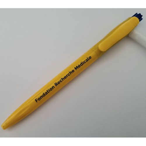 Stylo À Bille Rétractable Fondation Recherche Médicale Jaune Et Bleu Neuf