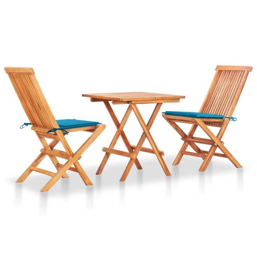 Vidaxl Ensemble De Bistro 3 Pcs Avec Coussins Bleu Bois De Teck Massif