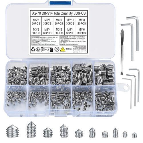 Lot de 350 vis à tête sphérique conique M3/M4/M5/M6/M8 - Vis à six pans creux en acier inoxydable - Vis à tige filetée avec six pans creux pour poignées de porte - Avec 5 clés Allen