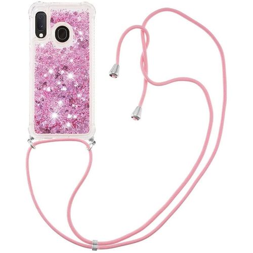 Pour Samsung A20e Coque, Bling Liquide Paillette Antichoc Kawaii Etui Housse Avec Cordage Lanyard Case Pour Samsung Galaxy A20e. Lp Love Rose