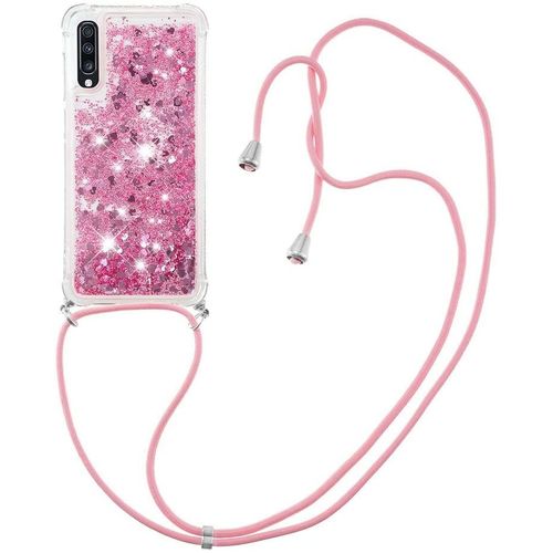 Pour Samsung A70 Coque, Bling Liquide Paillette Antichoc Kawaii Etui Housse Avec Cordage Lanyard Case Pour Samsung Galaxy A70. Lp Love Rose