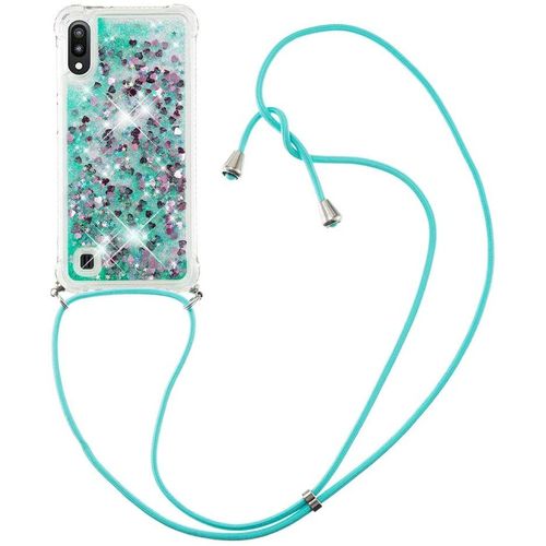 Pour Samsung A10 Coque, Bling Liquide Paillette Antichoc Kawaii Etui Housse Avec Cordage Lanyard Case Pour Samsung Galaxy A10. Lp Love Green