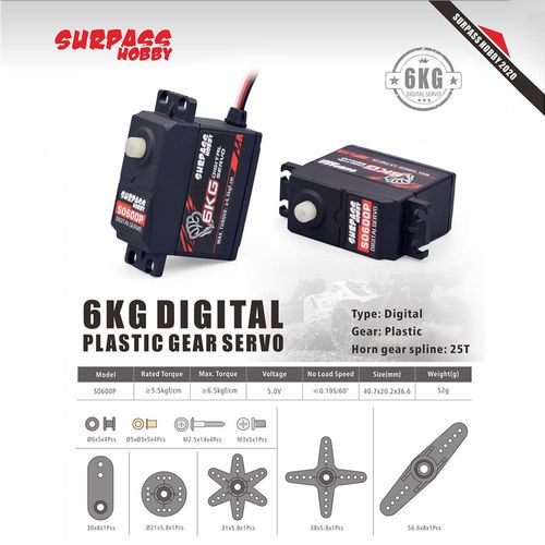 Servo à engrenage en plastique S0600P, 6KG, pour voiture, bateau, conduit, avion, Robot RC, 1/12 1/14