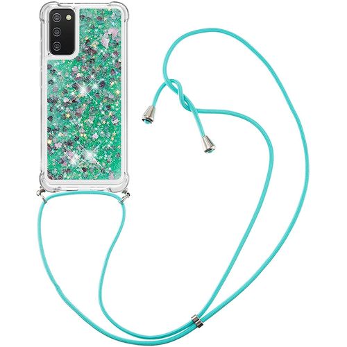 Pour Samsung A02s Coque, Bling Liquide Paillette Antichoc Kawaii Etui Housse Avec Cordage Lanyard Case Pour Samsung Galaxy A02s. Lp Love Green