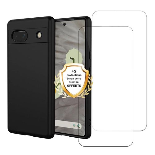 Coque Google Pixel 7a Silicone Liquide Noire + 2 Vitres En Verre Trempe Protection Ecran Antichocs Evetane
