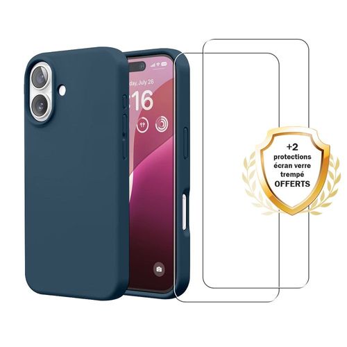 Coque Iphone 16 Silicone Liquide Bleue Marine + 2 Vitres En Verre Trempe Protection Ecran Antichocs Evetane
