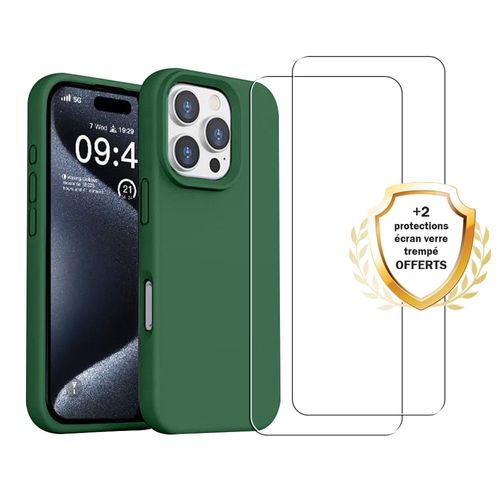 Coque Iphone 16 Pro Max Silicone Liquide Vert Foret + 2 Vitres En Verre Trempe Protection Ecran Antichocs Evetane