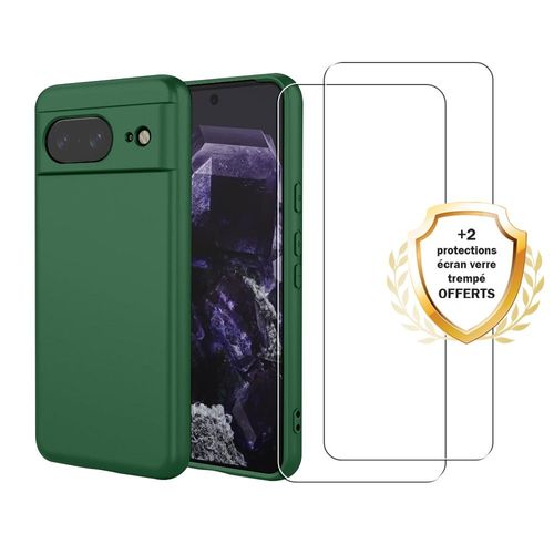 Coque Google Pixel 8 Silicone Liquide Vert Foret + 2 Vitres En Verre Trempe Protection Ecran Antichocs Evetane