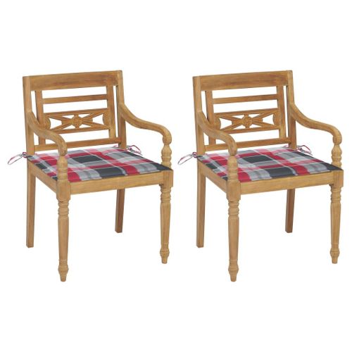 Vidaxl Chaises Batavia 2pcs Avec Coussins À Carreaux Rouge Teck Massif
