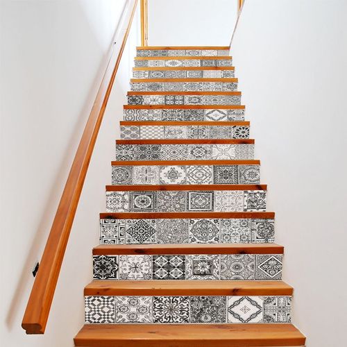 Autocollant de carreaux d'escalier 13 pièces/ensemble, étiquette de carrelage de Simulation noir et blanc, faire vieux décor d'escalier de maison, étanche amovible