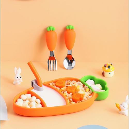 Couverts En Acier Inoxydable Et Silicone Pour Bébé, Ensemble D'alimentation Pour Enfants, Paille, Carotte, Cuillère, Fourchette, Assiette À Dîner