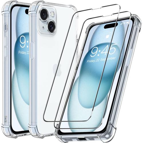 Coque Pour Iphone 15, Coque Iphone15 Avec 2 Pièces Verre Trempé Protection Écran,Transparent Étui De Protection En Silicone Antichoc,Mince Souple Tpu Housse Case Cover Iphone 15 (2023)-6.1 Pouces