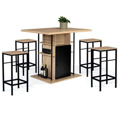 Ensemble Ilot Central 110 Cm Bois Noir Et Imitation H?Tre Avec Rangements Et 4 Tabourets Design Industriel