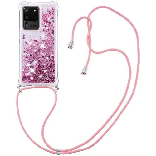Pour Samsung S20 Ultra Coque, Bling Liquide Paillette Antichoc Kawaii Etui Housse Avec Cordage Lanyard Case Pour Samsung Galaxy S20 Ultra. Lp Love Rose