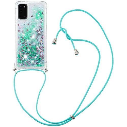 Pour Samsung S20 Coque, Bling Liquide Paillette Antichoc Kawaii Etui Housse Avec Cordage Lanyard Case Pour Samsung Galaxy S20. Lp Love Green