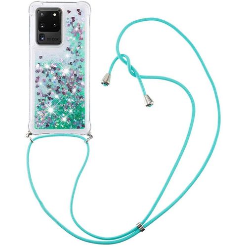 Pour Samsung S20 Ultra Coque, Bling Liquide Paillette Antichoc Kawaii Etui Housse Avec Cordage Lanyard Case Pour Samsung Galaxy S20 Ultra. Lp Love Green