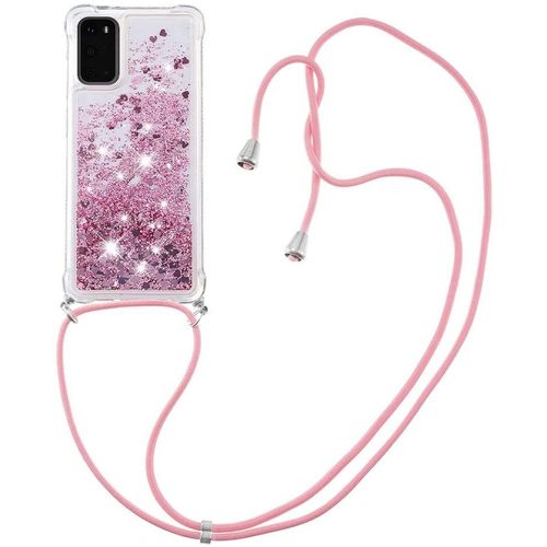 Pour Samsung S20 Coque, Bling Liquide Paillette Antichoc Kawaii Etui Housse Avec Cordage Lanyard Case Pour Samsung Galaxy S20. Lp Love Rose