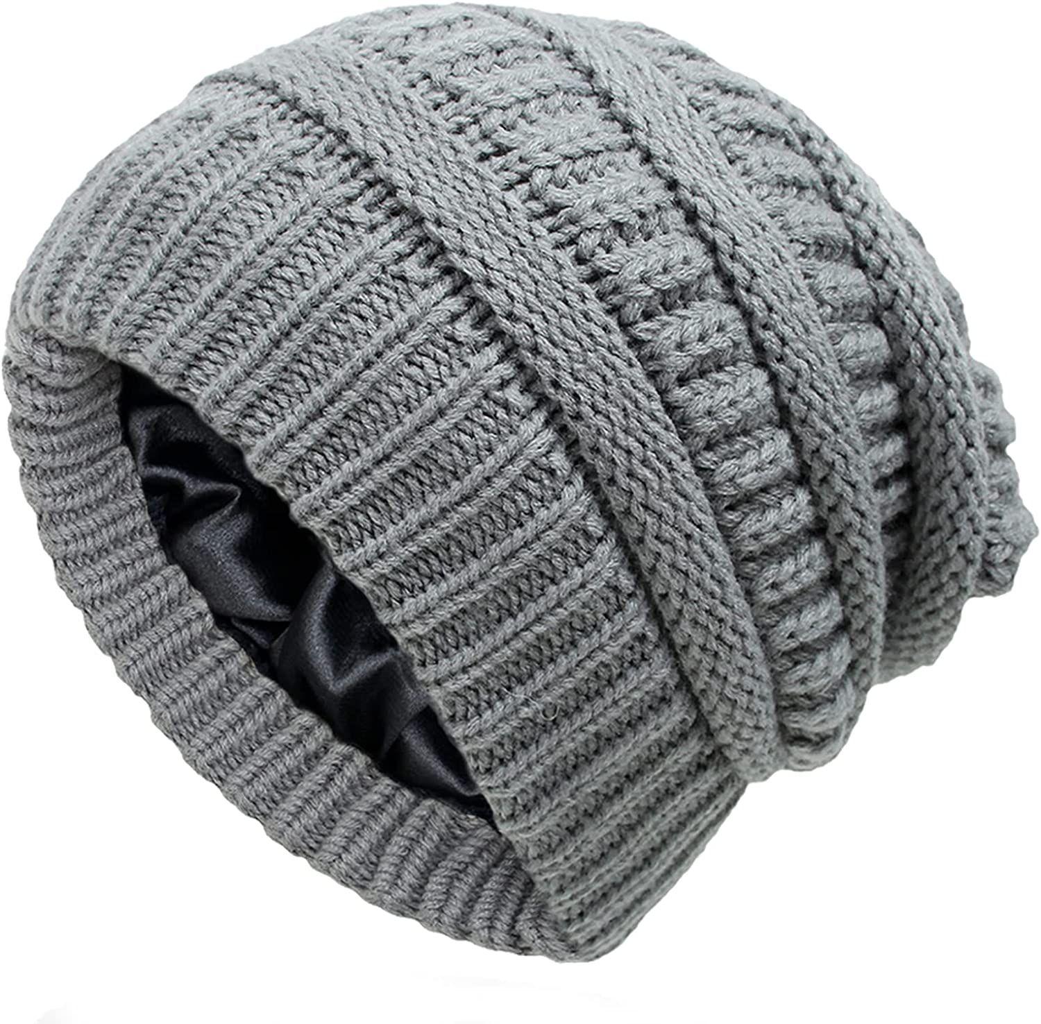 Femmes Slouch Tricoté Bonnet Pompon Avec Doublure Satin Chaud