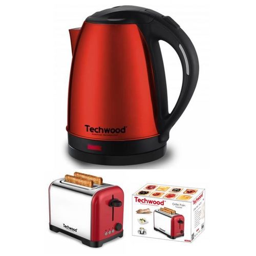 Bouilloire Inox Rouge 1,8L Sans Fil 1500W Arre?t automatique + Grille-pain Inox Rouge 2 Fentes 700W + Bouilloire