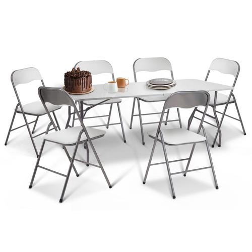 Ensemble Table D'appoint 180 Cm Et 6 Chaises Pliantes Kity Blanches En Pu