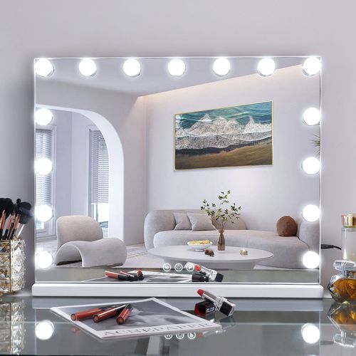 Fenchilin Hollywood miroir de maquillage avec port de charge USB avec 15 ampoules LED 3 couleurs brillant grossissement miroir de maquillage