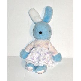 Peluche Lapin Bleu Vintage Ajena - Doudou Lapin Robe Tissus Dentelle Décoré Bébé